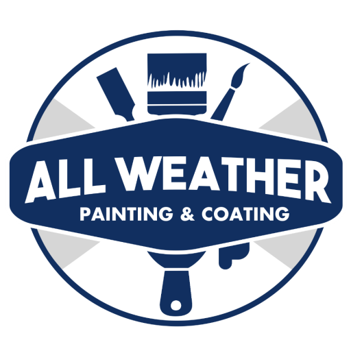 All Weather Painting & Coating logo featuring a paintbrush, roller, and paint scraper inside a circular emblem with bold navy text.